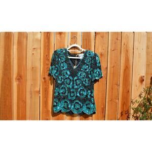 Vintage 1990s Papell Boutique Black and Teal Floral Sequin Short Sleeve Shirt